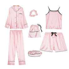 Load image into Gallery viewer, Pink 7 Pieces Women&#39;s Satin Pajamas Sets Striped Pyjama Women Sleepwear
