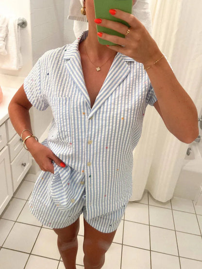 Women’s 2 Piece Casual Sets Lounge Outfits Cute Love Striped Print Short Sleeve Shirt + Drawstring Lace up Shorts Sets - Shop & Buy