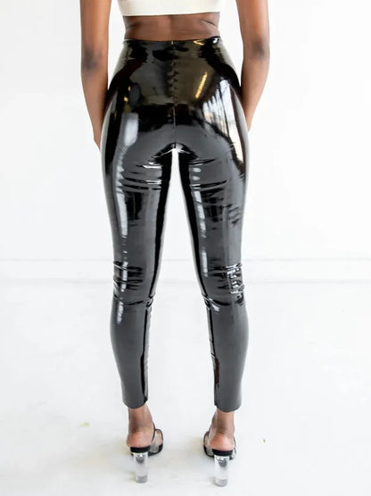 High Waist Faux Latex Seameless Legging Women Bodycon Shiny Patent Leather Trousers Ladies PVC Stretch Slim Cropped Pants