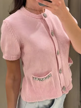 Load image into Gallery viewer, Summer New Ruili Sweet Round Neck Short Sleeve Double Pocket Rhinestone Knitted Cardigan
