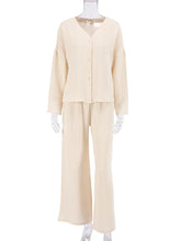 Load image into Gallery viewer, Khaki Pure Cotton Sleepwear V Neck Single Breasted Wide Leg Pants Trouser Suits Drop Sleeves Set
