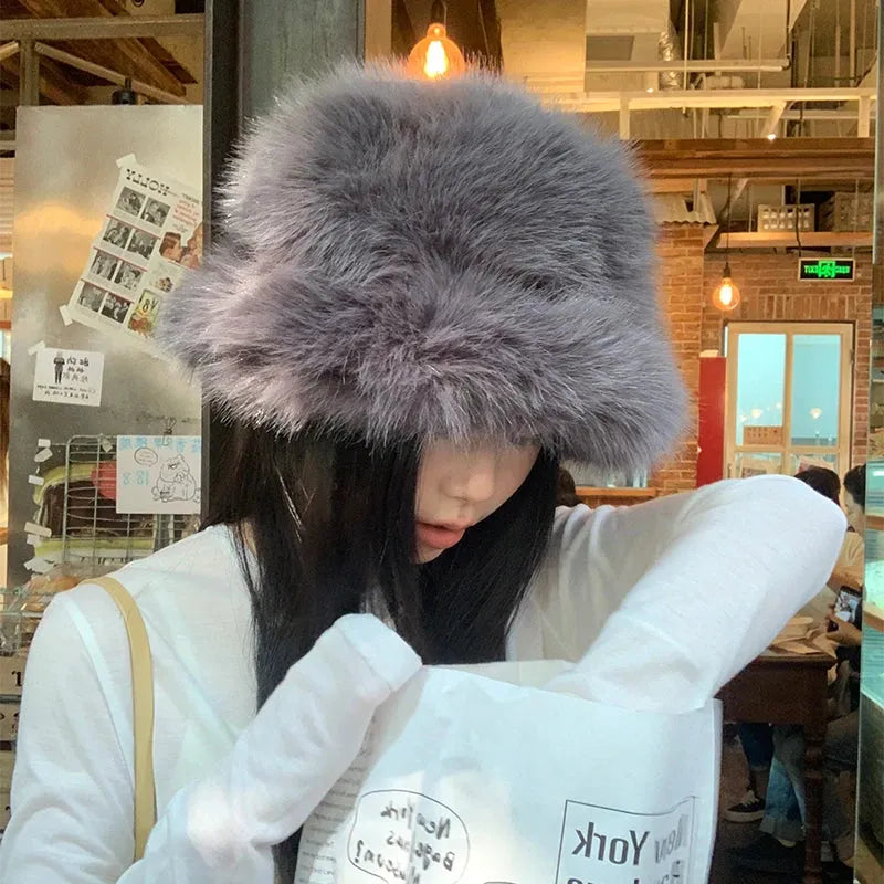 y2k Fluffy Faux Fur Bucket Hat Women Rabbit Fur Warm Thick Plush Winter Hat Lady Luxury Fashion - Shop & Buy