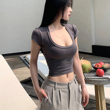 Load image into Gallery viewer, Summer Slim T-Shirt Women Sexy Short Sleeve T Shirt U-Neck Gray Tee
