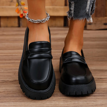 Rimocy Solid Color Platform Loafers Shoes for Women Spring New Black Pu Leather Flats Woman Comfortable Slip On Boat Shoes