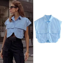 Load image into Gallery viewer, Women Blouse Cropped Shirt Blue White Button Crop Shirt Elegant Short sleeve Crop top
