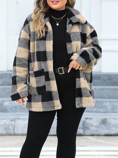 Women Winter Coat Stylish Long Sleeve Plaid Coat with Button Closure Fashionable Casual Jacket for Warm Outwear