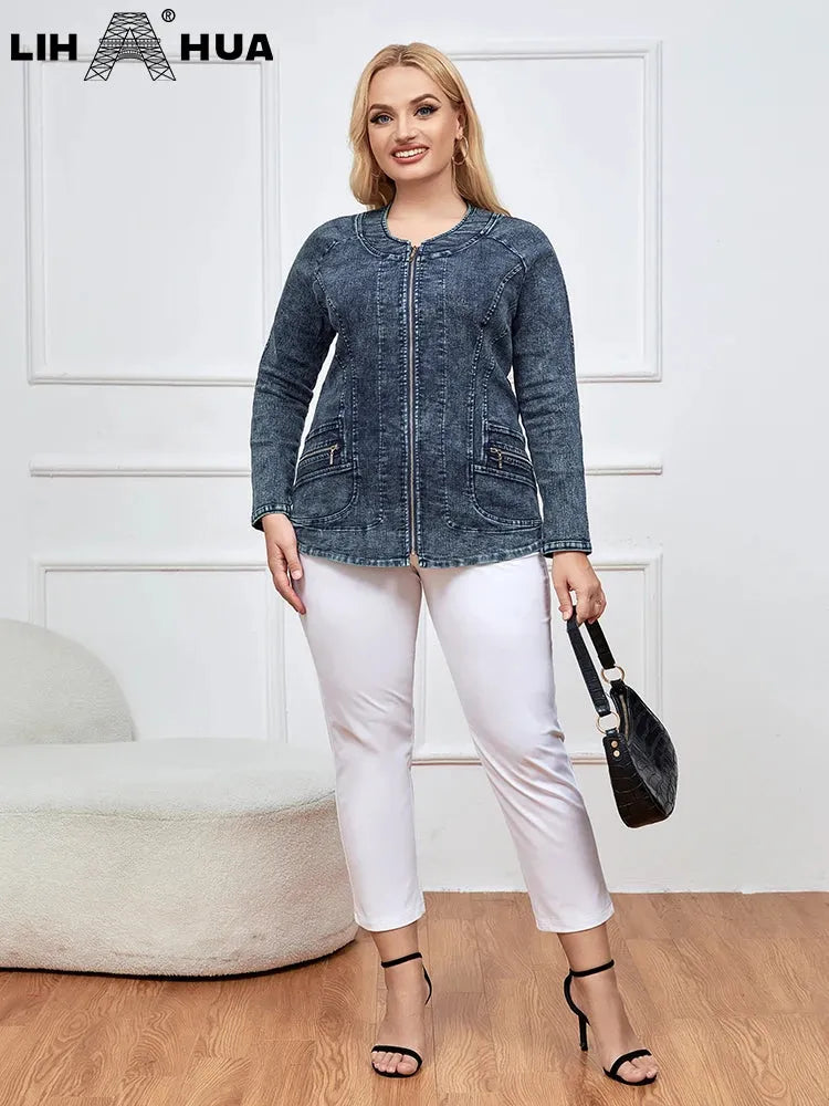 Women's Plus Size Denim Jacket Autumn Chic Elegant Jacket For Chubby Women Cotton Woven Jacket - Shop & Buy