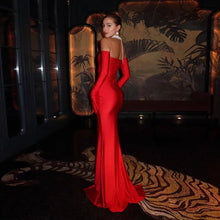 Load image into Gallery viewer, Sexy Red Floral Strapless Long Dress Ladies Summer Split Black Club Bodycon Dress
