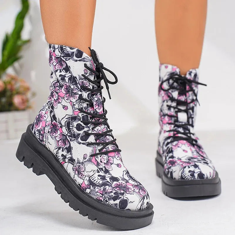 Women's Fashion Graffiti Printed Ankle Boots Platform Lace Up Flat Combat Booties Woman Non Slip Pu Leather Short Boots - Shop & Buy