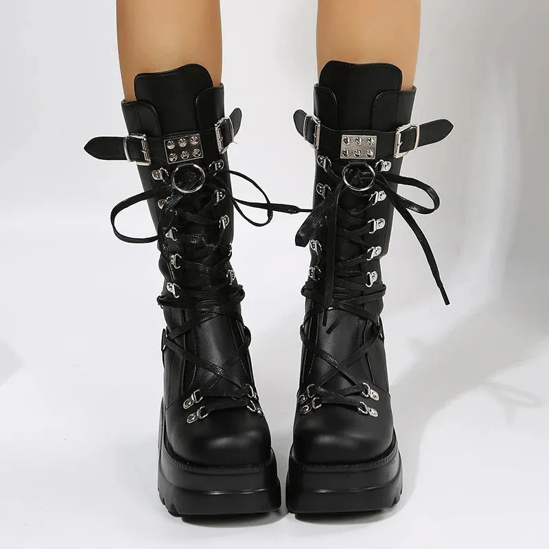 Women's Goth Platform Motorcycle Boots Punk Rivet Buckle Strap Combat Booties for Women Thick Bottom Wedge Heels Mid Calf Boots - Shop & Buy