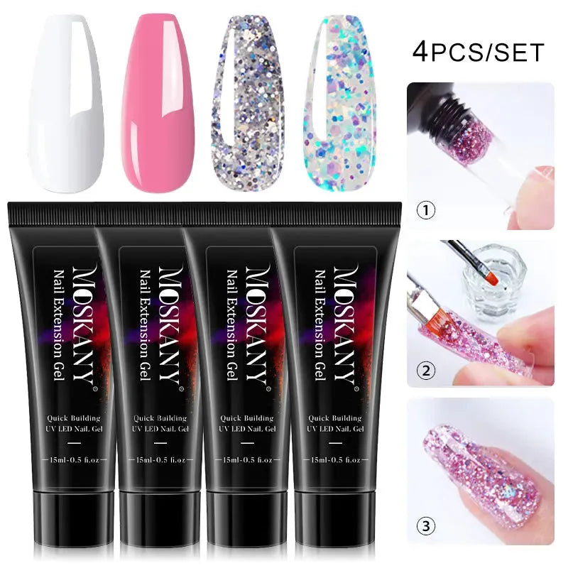 15ml Poly Nail Gel Full Set For Extention Nail Glitter Solid Color Gel Polish Kit Set Acrylic Nail Beginner Manicure Tool Kits - Shop & Buy