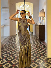 Load image into Gallery viewer, Metallic Color Pleated Patchwork Long Dress Women O-neck Sleeveless Bodycon Sexy Dresses
