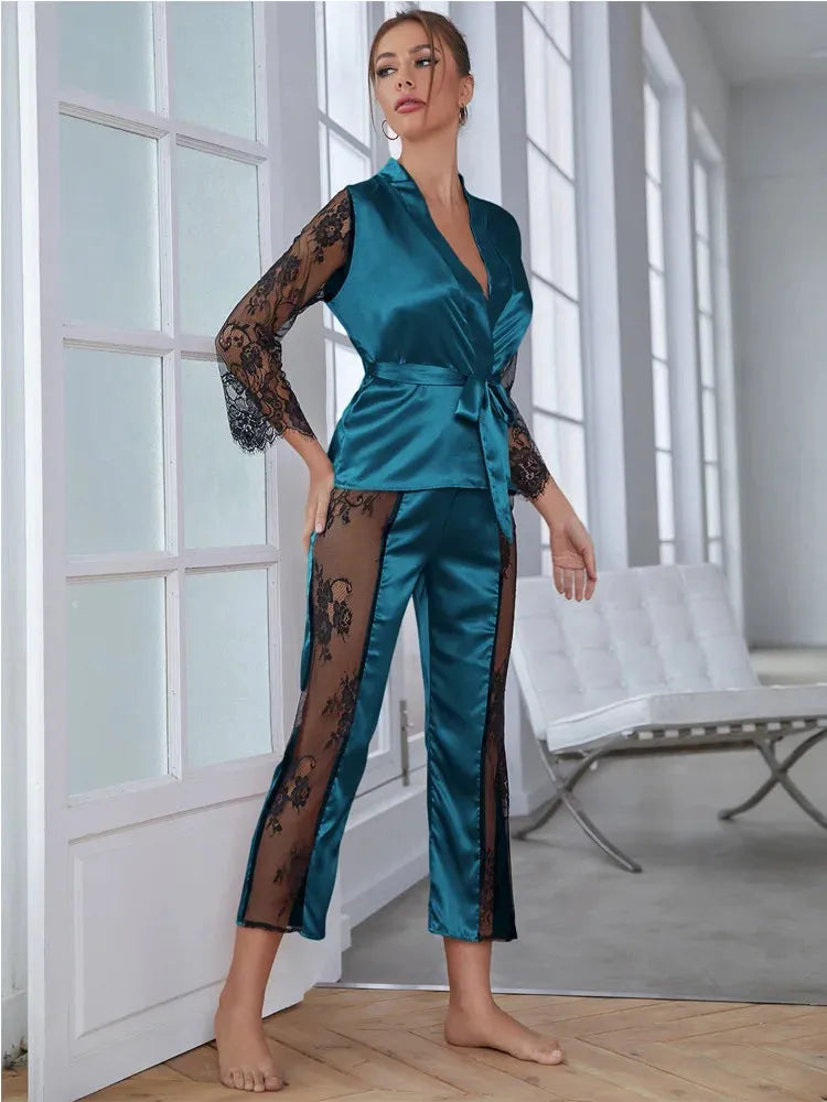 Women's Satin Pajamas Set Gorgeous Sleeve Top with Pant Contrast Lace Lounge Wear - Shop & Buy