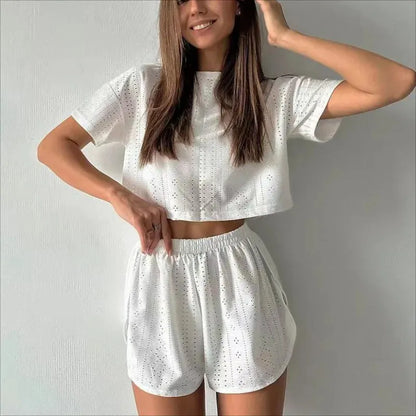 Women's Pajamas Set Spring Long Sleeve Tops With Shorts Sleepwear 2 Piece Set Loose Round Neck Home Wear - Shop & Buy