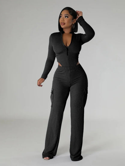 Women Two-piece Elastic Twisted Strip High Waisted Long Sleeved Jumpsuit Work Pants Set