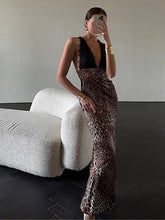 Load image into Gallery viewer, Vintage Leopard Print Lace Patchwork Maxi Dress Women Sexy Deep V Neck Backless Bodycon Vestidos Elegant Lady Street Party Robes
