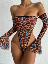 Load image into Gallery viewer, Sheer Mesh Sexy Bodysuits Leopard Butterfly Print Splice Pagoda Sleeve American Retro Streetwear Erotic Playsuits
