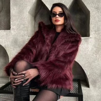 Women's Fur Coat Women Plush Burgundy Bomber Jacket Solid Crop Long Sleeve Jacket Warm Winter Coats