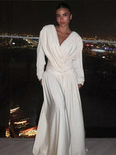 Load image into Gallery viewer, Women Fashion Solid V-neck Draped Maxi Dress Elegant Long Sleeves Backless Slim Dresses
