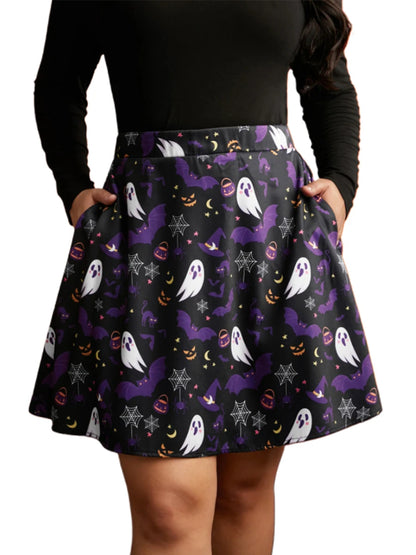 Women Halloween Vintage Pleated Skirts Retro High Waist Pumpkin Print Midi Skirts Classic Holiday Party Skirts