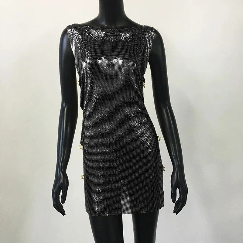 Women's Metal Sequined Mini Dress Hollow Out Sleeveless Side Split Rave Nightclub Evening Dresses - Shop & Buy