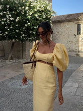 Load image into Gallery viewer, Women Fashion Yellow Hollow Out Patchwork Dresses Elegant Square Neck Puff Sleeve High Waist Dress
