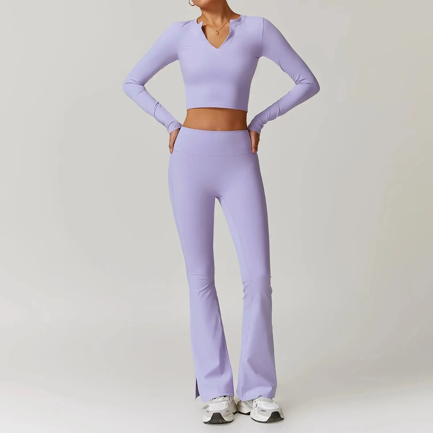 Women's Long Sleeve Yoga Set V Neck Shirt Top Sport High Waist Flare Leggings Suit Tracksuit Slim Fit Two Piece Fitness Outfits - Shop & Buy