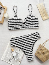 Load image into Gallery viewer, Sexy Black White Stripe Bikini Set Women Metal Cut Out Push Up High Wiast Swimsuit
