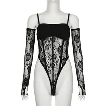 Load image into Gallery viewer, Strap Lace Sexy Bodysuits with Sleeves American Slim Transparent Hotsweet Tops Open Crotch Floral Sheer Playsuit
