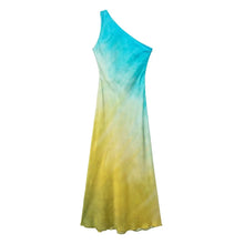 Load image into Gallery viewer, Summer new fashion temperament elegant satin texture asymmetric collar tie-dye dress
