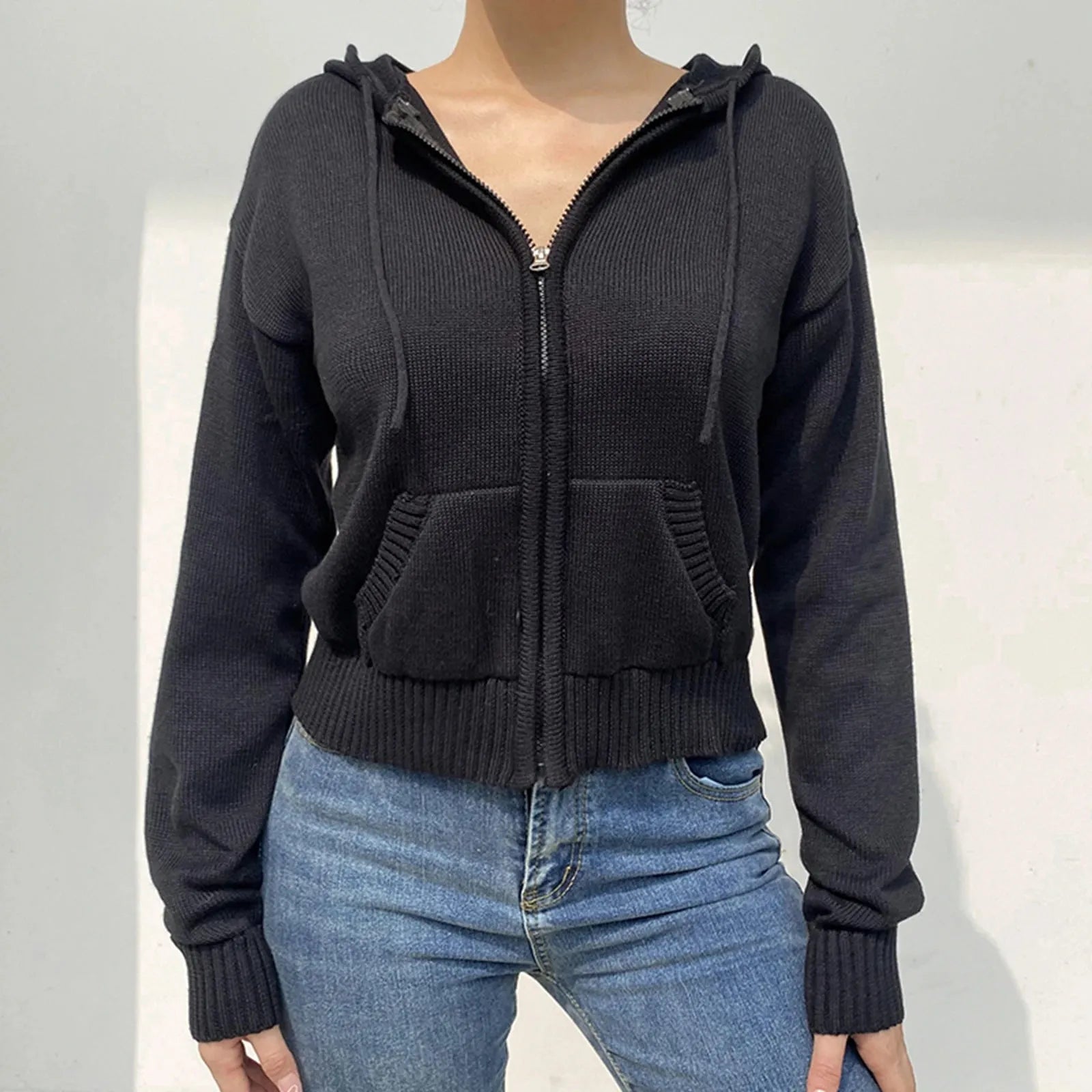 Women’s Full Zip Knit Hoodies Casual Sweaters Solid Color Long Sleeve Drawstring Sweatshirts - Shop & Buy