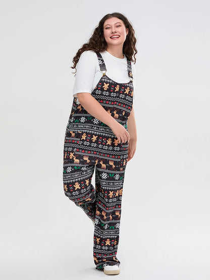 Women Plus Size Christmas Snowman Print V-Neck Sleeveless Wide Leg Jumpsuit with Belt and Pockets for Holiday Party