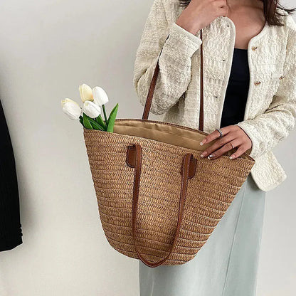 Women's Large Capacity Shoulder Bag Summer Straw Woven Basket Handbag Fashion Female Luxury Designer Beach Bag - Shop & Buy