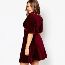 Load image into Gallery viewer, Plus Size Half Raglan Sleeve Elegant Velvet Dress Women V-neck Fit Flare A-line Party Dress
