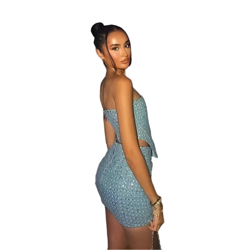 Women Blue Sequined Denim 2 Piece Sets Sexy Strapless Top Stylish Woman Mini Skirt Sets