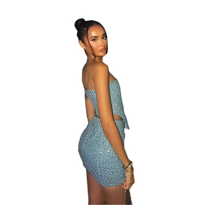 Women Blue Sequined Denim 2 Piece Sets Sexy Strapless Top Stylish Woman Mini Skirt Sets