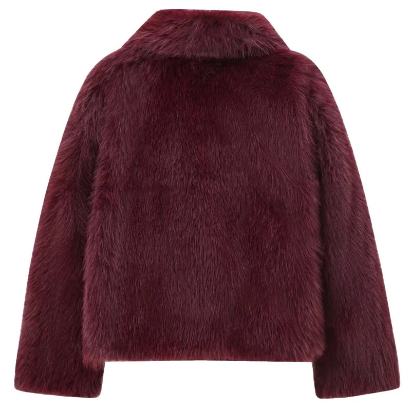 Women's Fur Coat Women Plush Burgundy Bomber Jacket Solid Crop Long Sleeve Jacket Warm Winter Coats