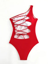 Load image into Gallery viewer, Sexy Red Swimwear Women One Shoulder Hollow Out Lace Up Bandage Cross Backless One Piece Swimsuit
