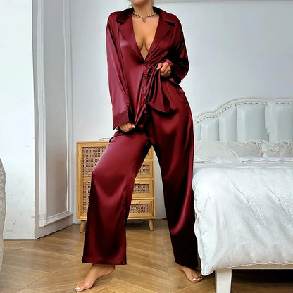 Women's Satin Silk Sleepwear Low Cut Sexy Home Clothes Pajamas For Femme Single-Breasted Long Sleeves - Shop & Buy