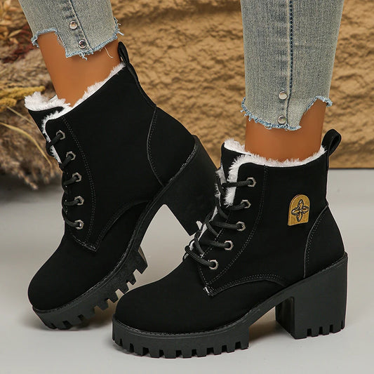 Women's Thicken Warm Plush Winter Boots Fashion Black Chunky Heeled Ankle Boots - Shop & Buy