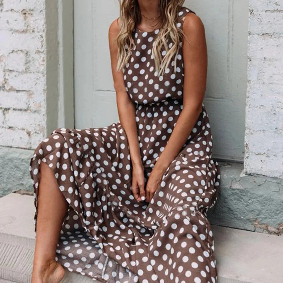 Women Y2K Long Skirt Printed Polka Dot Dress Round Neck Tank Skirt Elegant Female Dress Summer Sleeveless Outfits - Shop & Buy