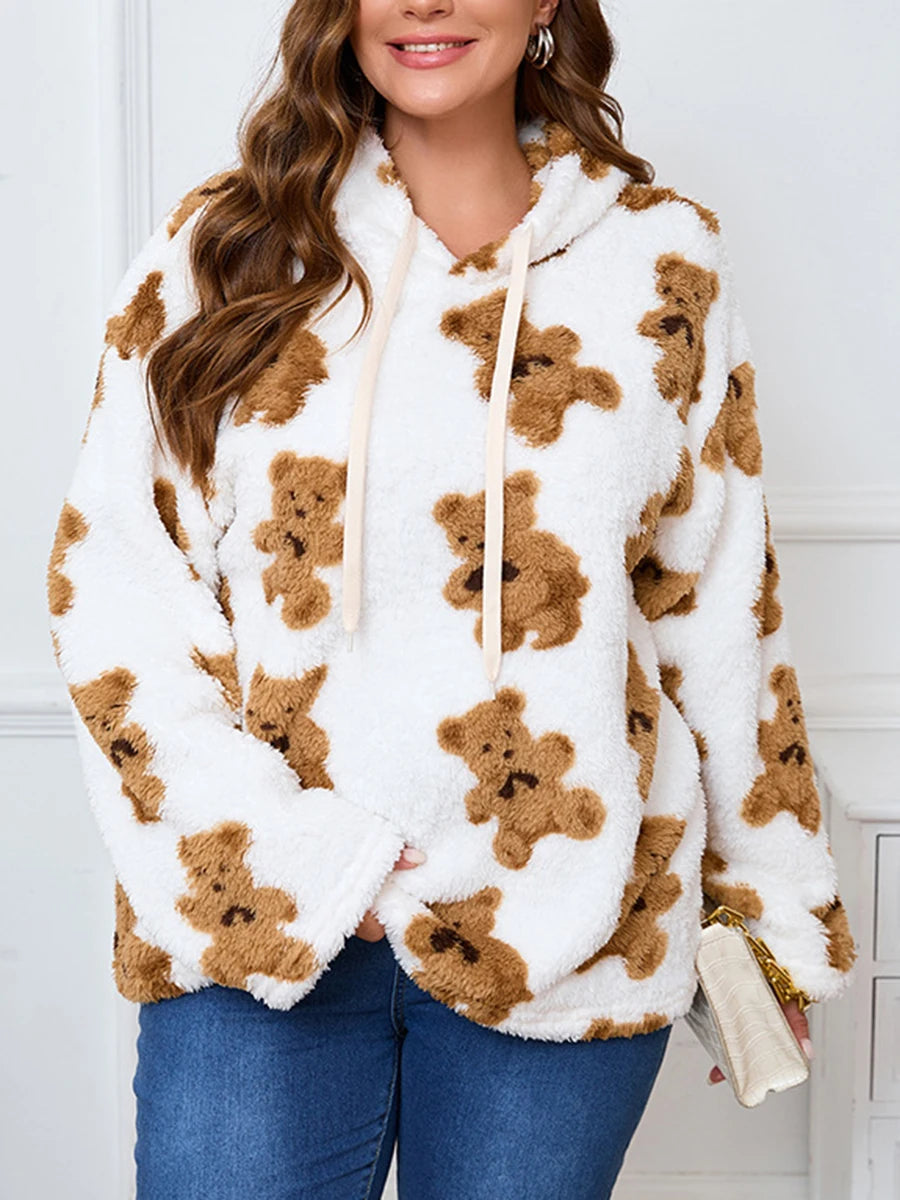 Women Plus Size Hoodies Sherpa Bear Print Hooded Long Sleeve Sweatshirts Pullovers Fall Winter Casual Tops with Pockets and