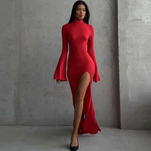 Load image into Gallery viewer, Open Back Sexy Split Maxi Dress Elegant Outfits for Women Chic Flare Sleeve Party Club Fashion Red Dresses
