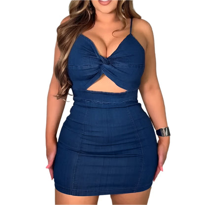 Summer Retro Sleeveless Denim Sexy Mini Dress Women Sling Sleeveless Backless Waist-fitted A-Line Style Party Streetwear Dress