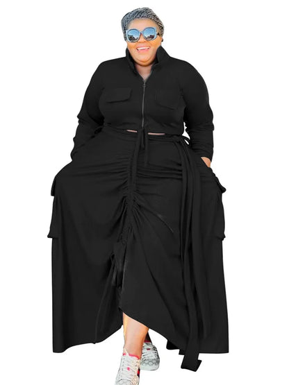 Plus Size Two Piece Sets Women Fall Clothing Solid Zip Up Tops and Dress Sets Bandage New