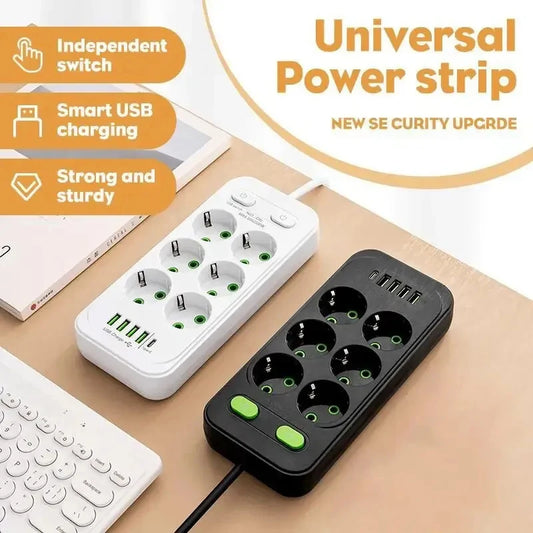 EU Plug AC Outlet Multitap Power Strip 2m Extension Cord Electrical Socket Smart USB Home Office Surge Protector Network Filter