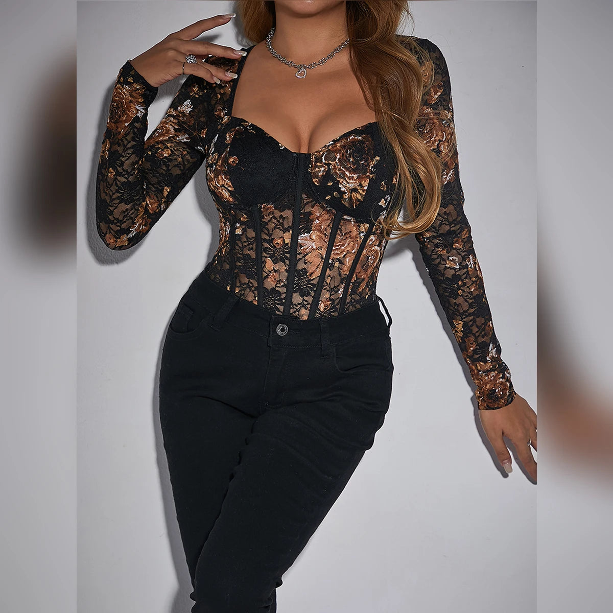 Y2K Retro Style Clothes Women,Jumpsuits Long Sleeve V Neck Black ,Sexy Lace Embroidery Floral Printed Backless Bodysuit