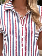 Load image into Gallery viewer, Plus Size Casual Blouse, Women&#39;s Plus Stripe Print Button Up Short Sleeve Turn Down Collar Shirt
