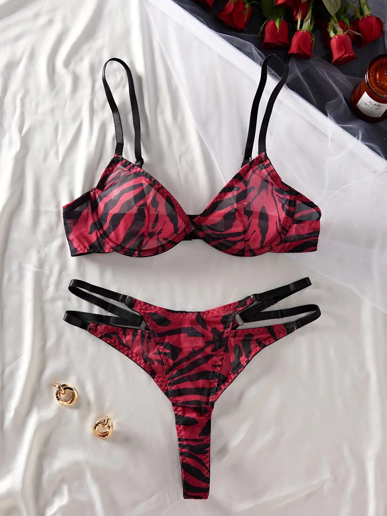 Zebra Mesh Sensual Lingerie Two Pieces Sets Strap Backless Bra+Mini Briefs - Shop & Buy