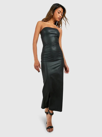 Elegant Black Matte Leather Dress Women Stretch PU Maxi Dress Back Hem Split Strapless Slim Long Dress Clubwear